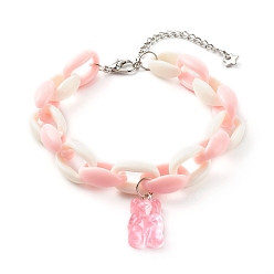 Pearl Pink Resin Bear Charm Bracelets, with Acrylic Cable Chains and Alloy Lobster Claw Clasps, Platinum, Pearl Pink, Inner Diameter: 2 inch(5cm)
