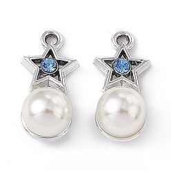 Platinum Alloy Rhinestone Pendants, with ABS Plastic Imitation Pearl Beads, Star with Round Charm, Platinum, 19x9x8mm, Hole: 1.4mm