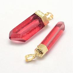Red Natural Quartz Crystal Pointed Pendants, Dyed, with Brass Finding, Bullet, Golden, Red, 41~50x7~14x9~13mm, Hole: 5x8mm