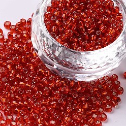 Roja 12/0 perlas de cristal de la semilla, plata forrada agujero redondo, rondo, rojo, 2 mm, agujero: 1 mm, sobre 30000 perlas / libra