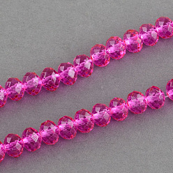 Rosa Oscura Abalorios de vidrio de aerosol pintado, facetados, Rondana plana, color de rosa caliente, 6x5 mm, agujero: 1 mm, sobre 87~90 unidades / cadena, 18.8 pulgada