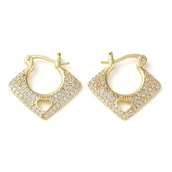 Real 18K Gold Plated Rack Plating Brass Micro Pave Cubic Zirconia Hoop Earrings, Long-Lasting Plated Rhombus with Hollow Heart Earring for Women, Lead Free & Cadmium Free, Real 18K Gold Plated, 22x22x2mm
