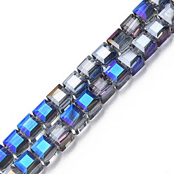 Blue Electroplate Transparent Glass Beads Strands, Faceted, Cube, Blue, 7x7x7mm, Hole: 1.4mm, about 100pcs/strand, 26.77 inch(68cm)