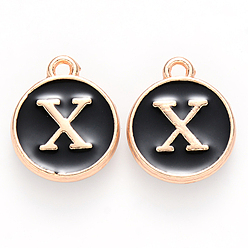 Letter X Golden Plated Alloy Charms, with Enamel, Enamelled Sequins, Flat Round, Black, Letter.X, 14x12x2mm, Hole: 1.5mm, 50pcs/Box