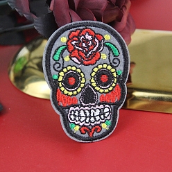 Cadet Blue Sugar Skull Computerized Embroidery Style Cloth Iron on/Sew on Patches, Appliques, Badges, for Clothes, Dress, Hat, Jeans, DIY Decorations, for Mexico Day of the Dead, Cadet Blue, 73x54mm