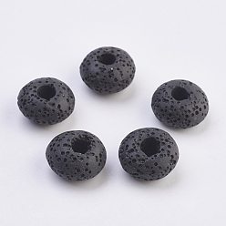 Black Natural Lava Rock European Beads, Dyed, Large Hole Beads, Flat Round, Black, 15~16x8.5~9mm, Hole: 4~5mm
