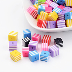 Mixed Color Resin Beads, Cube with Stripe Pattern, Mixed Color, about 8mm long, 8mm wide, 8mm thick, hole: 1.5mm