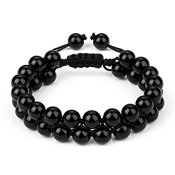 Obsidienne Bracelet de perles tressées en obsidienne naturelle, Bracelet réglable en pierres précieuses double couche pour femme, diamètre intérieur: 2-1/8~3 pouce (5.3~7.5 cm)