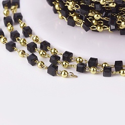 Noir Main chaînes de perles de verre, soudé, avec les accessoires en laiton, avec bobine, plaqué longue durée, or, cube, noir, 2.3~2.8x2.3~2.8x2.3~2.8mm, 2mm, environ 32.8 pieds (10 m)/rouleau