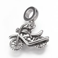 Antique Silver 304 Stainless Steel European Dangle Charms, Large Hole Pendants, Motorbike/Motorcycle, Antique Silver, 27mm, Hole: 5mm, Pendant: 17x22x7mm