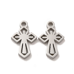Stainless Steel Color Ion Plating(IP) 304 Stainless Steel Charms, Laser Cut, Religion Cross Charms, Stainless Steel Color, 12.5x8x1.5mm, Hole: 1.4mm