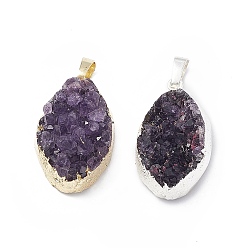 Mixed Color Natural Amethyst Druzy Pendants, with Rack Plating Brass Findings, Cadmium Free & Lead Free, Oval Links, Mixed Color, 27~31x16~18x11~13mm, Hole: 8x5mm
