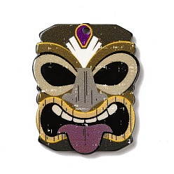 Olive Printed Opaque Acrylic Pendants, Tiki Mask Charms, Olive, 35.5x29x2mm, Hole: 1.8mm
