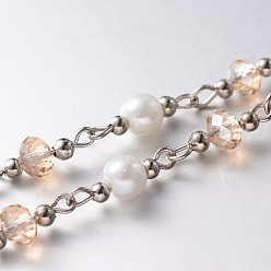 PeachPuff Handmade Faceted Rondelle Glass Beads Chains for Necklaces Bracelets Making, with Glass Pearl Beads, Iron Spacer Beads and Iron Eye Pin, Unwelded, Platinum, PeachPuff, 39.3 inch, about 60pcs/strand