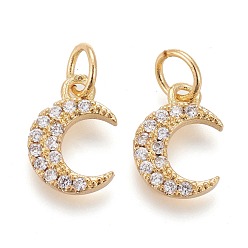 Golden Brass Micro Pave Clear Cubic Zirconia Charms, Long-Lasting Plated, with Jump Rings, Moon, Golden, 10x8x1.6mm, Hole: 3.6mm, jump ring: 5x0.6mm