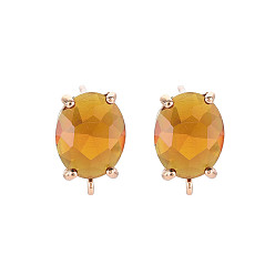 Chocolate Brass Stud Earring Findings, with Glass, Oval with Loop, Light Gold, Chocolate, 12~14x8mm, Hole: 1.2mm, Pin: 0.6~0.7mm