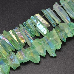 Light Green Electroplated Natural Quartz Crystal Beads Strands, Nuggets, Tusk Shape, AB Color, Dyed, Light Green, 7~15x18~60mm, Hole: 1mm, about 46pcs/strand, 16 inch