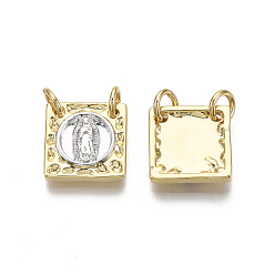 Real 18K Gold Plated Brass Charms, with Jump Ring, Nickel Free, Square with Saint, Real 18K Gold Plated & Platinum, 12x12x2mm, Hole: 3mm