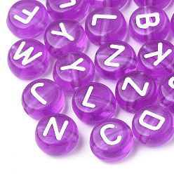 Dark Orchid Transparent Acrylic Beads, Horizontal Hole, Mixed Letters, Flat Round, Dark Orchid, 7x4mm, Hole: 1.5mm, about 3700pcs/500g