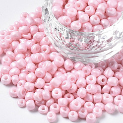 Pink 6/0 perles de rocaille de verre, cuisson des peintures, trou rond, ronde, rose, 4~5x3~5mm, Trou: 1.2~1.5mm, environ 4500 pcs / livre