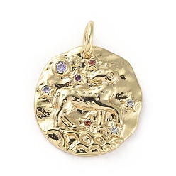 Aries Brass Micro Pave Cubic Zirconia Pendants, with Jump Rings, Flat Round, Constellation, Colorful, Golden, Aries, 14~15x2mm, Hole: 3mm