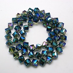 Dark Green Full Rainbow Plated Crystal Glass Cube Beads Strands, Faceted, Dark Green, 12.6x13.8x10~11mm, Hole: 1.8mm