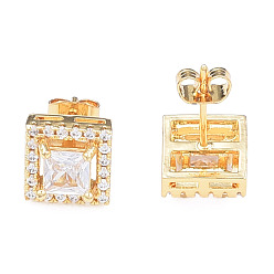 Clear Cubic Zirconia Square Stud Earrings, Golden Brass Jewelry for Women, Nickel Free, Clear, 9.5x9.5mm, Pin: 0.7mm