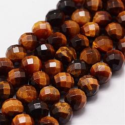 Tiger Eye Natural Tiger Eye Beads Strands, Grade A, Faceted(64 Facets), Round Bead, 8mm, Hole: 1.2mm, 49pcs/strand, 15.7 inch