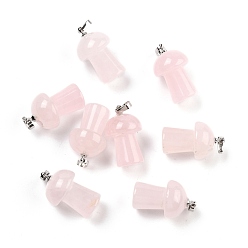 Quartz Rose Naturel a augmenté pendentifs en quartz, avec les accessoires en laiton de tonalité de platine, champignons, 25x14mm, Trou: 2.4mm