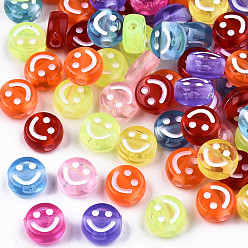 Mixed Color Transparent Acrylic Beads, Flat Round with White Smiling Face, Mixed Color, 10x5mm, Hole: 2mm, about 1500pcs/500g