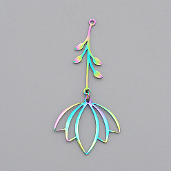 Rainbow Color Ion Plating(IP) 201 Stainless Steel Big Pendants, Laser Cut, with Jump Rings, Flower, Rainbow Color, 52.5mm, Hole: 1.4mm