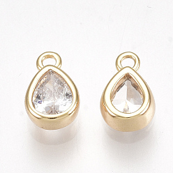 Real 18K Gold Plated Brass Cubic Zirconia Charms, teardrop, Clear, Nickel Free, Real 18K Gold Plated, 6x4x2mm, Hole: 0.8mm