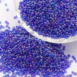 Azul 12/0 etiquetas granos de la semilla de cristal, Grado A, colores transparentes arco iris, azul, 1.8~2.0 mm, agujero: 0.8 mm, sobre 28000 unidades / libra