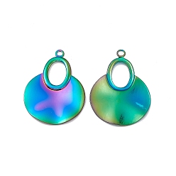 Rainbow Color Ion Plating(IP) 304 Stainless Steel Big Pendants, Flat Round with Oval Charm, Rainbow Color, 43x30x1.5mm, Hole: 2.7mm