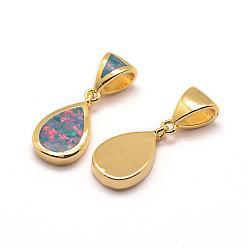 Golden Brass Charms, with Synthetic Opal, teardrop, Colorful, Golden, 15.5x9x2.5mm, Hole: 3mm