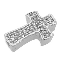 Silver Brass Micro Pave Clear Cubic Zirconia Beads, Cross, Platinum, 14x9x4mm, Hole: 1.2mm, 3pcs/bag