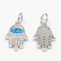 Platinum Brass Micro Pave Cubic Zirconia Charms, with Synthetic Opal, Hamsa Hand/Hand of Fatima/Hand of Miriam with Horse Eye, Platinum, 14.5x10x1.5mm, Hole: 4mm