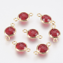 Red Glass Links connectors, with Brass Findings, Faceted Flat Round, Real 18K Gold Plated, Red, 12x7x3mm, Hole: 1.2mm