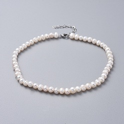 White Natural Freshwater Pearl Necklaces, with 304 Stainless Steel Extender Chains and Kraft Paper Cardboard Jewelry Boxes, White, 14.4 inch(36.5cm)