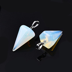 Opalite Cone/Spike/Pendulum Opalite Stone Pendants, with Platinum Plated Iron Findings, 25~27x14x14mm, Hole: 6x3mm