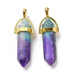 Dark Violet Natural Dyed Calcite Double Terminated Pointed Pendants, with Golden Tone Brass Findings, Bullet, Dark Violet, 40~41x13.5x10mm, Hole: 4x5mm