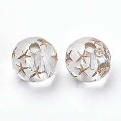 Golden Plated Plating Acrylic Beads, Metal Enlaced, Round with Star, Clear, 9.5x9mm, Hole: 2mm, about 930pcs/500g