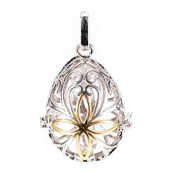Platinum & Golden Rack Plating Brass Cage Pendants, For Chime Ball Pendant Necklaces Making, Hollow Teardrop with Flower, Platinum & Golden, 33x27x20.5mm, Hole: 3x9mm, Inner Measure: 24x18mm
