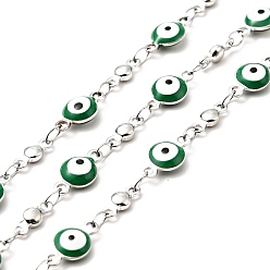 Dark Green Enamel Flat Round with Evil Eye Link Chains, with Stainless Steel Color Plated 304 Stainless Steel Findings, Unwelded, with Spool, Dark Green, 11x6x3mm, 8x3x2mm