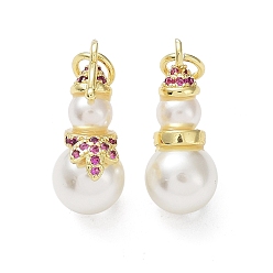 Real 18K Gold Plated Brass & Cubic Zirconia & Plastic Imitation Pearl Pendants, Cadmium Free & Lead Free, Rack Plating, Christmas Theme, Snowman, Real 18K Gold Plated, 18.5x9.5x7.7mm, Hole: 3mm