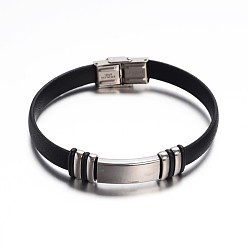 Stainless Steel Color Rectangle Black Color PU Leather ID Cord Bracelets, with 304 Stainless Steel Findings and Watch Band Clasps, Stainless Steel Color, 220x10mm