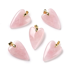 Rose Quartz Natural Rose Quartz Pendants, with Rack Plating Golden Plated Brass Findings, Long-Lasting Plated, Heart, 32~34x20x8mm, Hole: 4x4mm