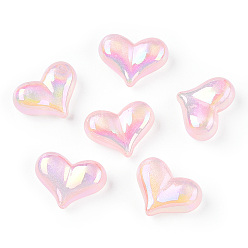 Pink Placage uv perles acryliques irisées arc-en-ciel, avec de la poudre de paillettes, cœur, rose, 16.5x22.5x9mm, Trou: 1.6mm
