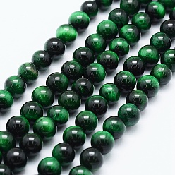 Green Natural Tiger Eye Beads Strands, Dyed & Heated, Round, Green, 10mm, Hole: 1mm, about 38pcs/strand, 15 inch(38cm)