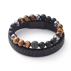 Tiger Eye Unisex Stackable Bracelets Sets, Natural Tiger Eye & Agate Beads, Brass Cubic Zirconia Beads, Non-Magnetic Synthetic Hematite Beads, Leather Cord, 304 Stainless Steel Magnetic Clasps and Cardboard Box, 2-1/8 inch(5.5cm), 8-1/4 inch(21cm), 2pcs/set